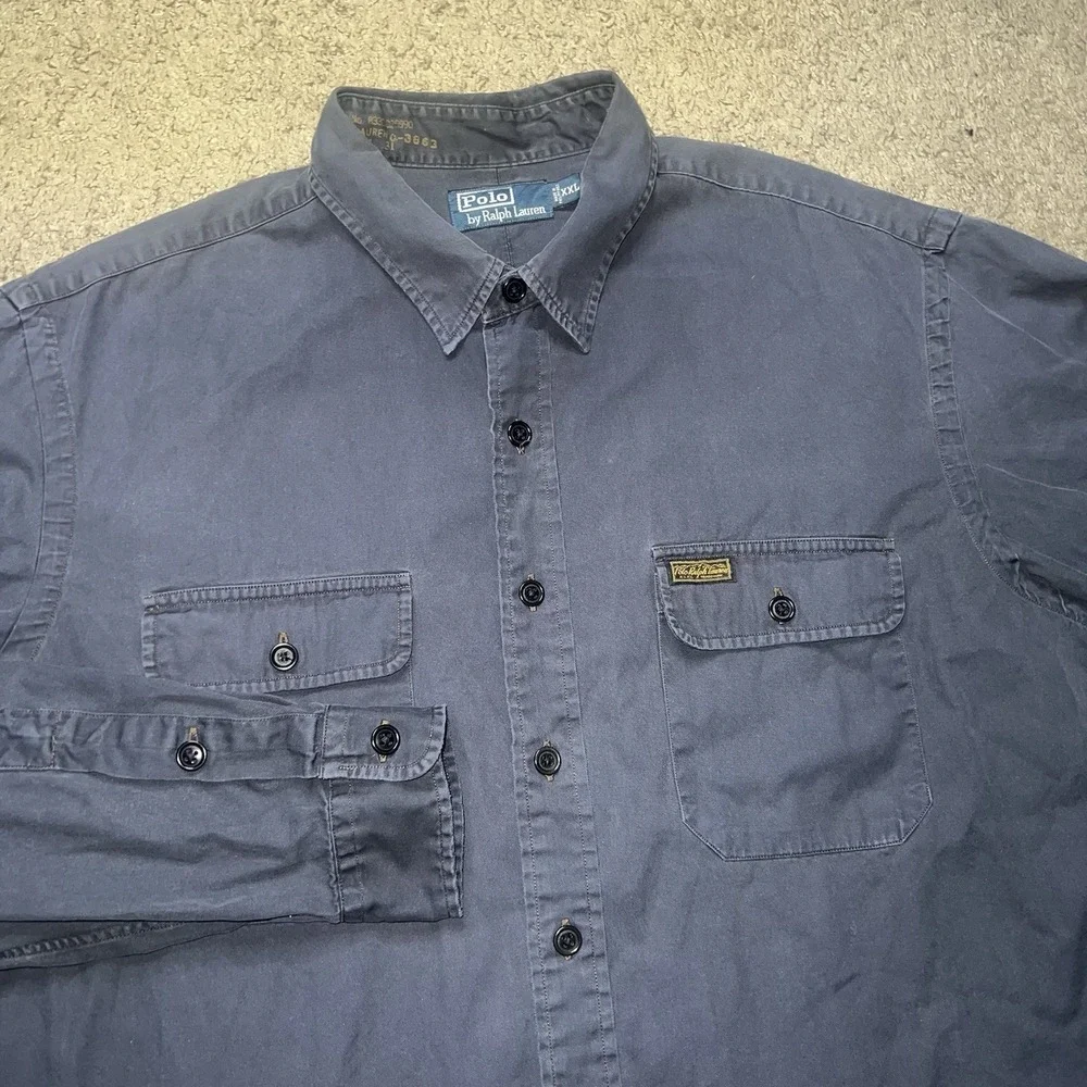 Polo Ralph Lauren Button Up Mens 2XL Black Military Utility‎ Epaulet Crest